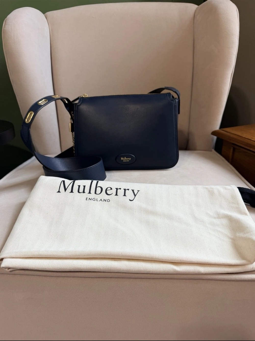 Mulberry Navy Leather Crossbody with Wide Strap and Gold Hardware